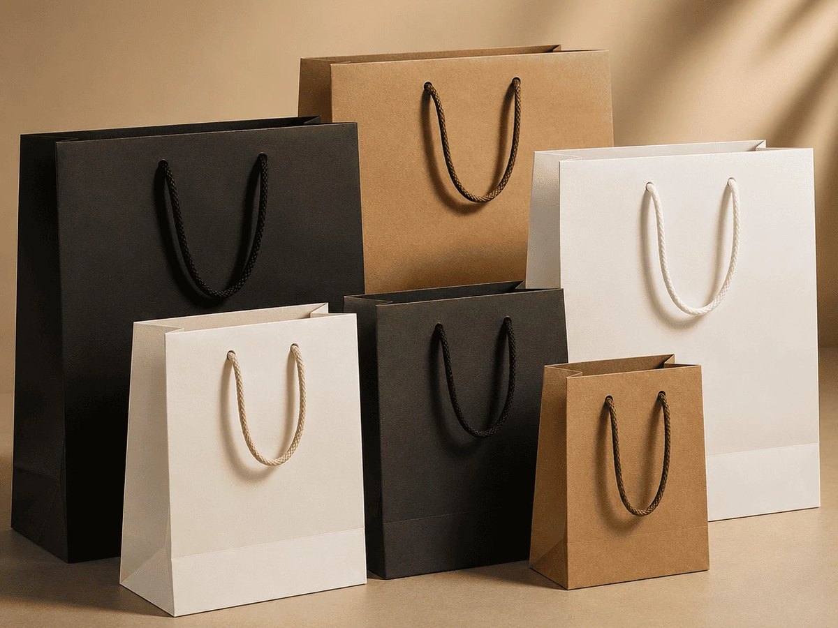 Paper bags with rope handles in black, white and kraft