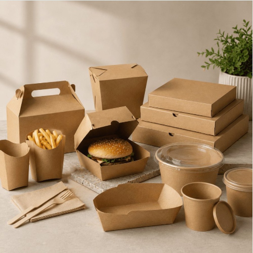 Kraft take-away packaging: burger box, fries cup, cups and bowls