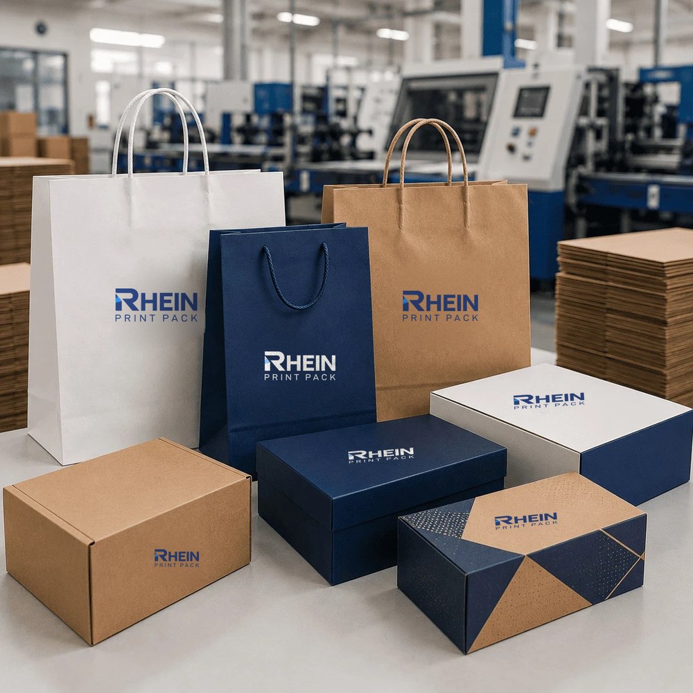 Printed paper bags and boxes with the RheinPrintPack logo in production