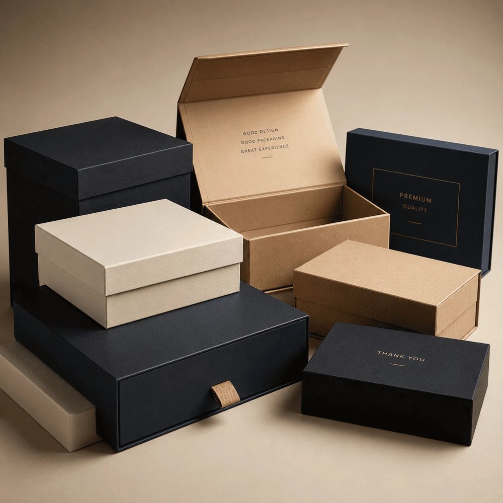 Gift boxes and magnetic boxes in black, cream and kraft